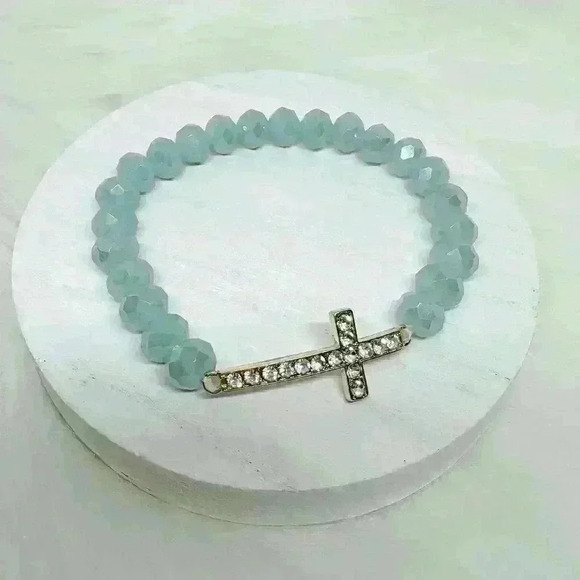 Navy Blue Beaded Bracelet with Rhinestones Cross - Picture 1 of 6